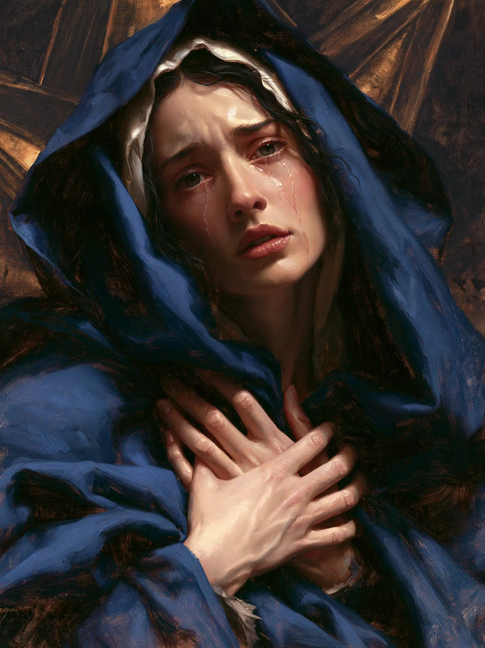 Mary experiencing profound maternal sorrow in Profound Maternal Sorrow style, portrait Christian artwork no. 19