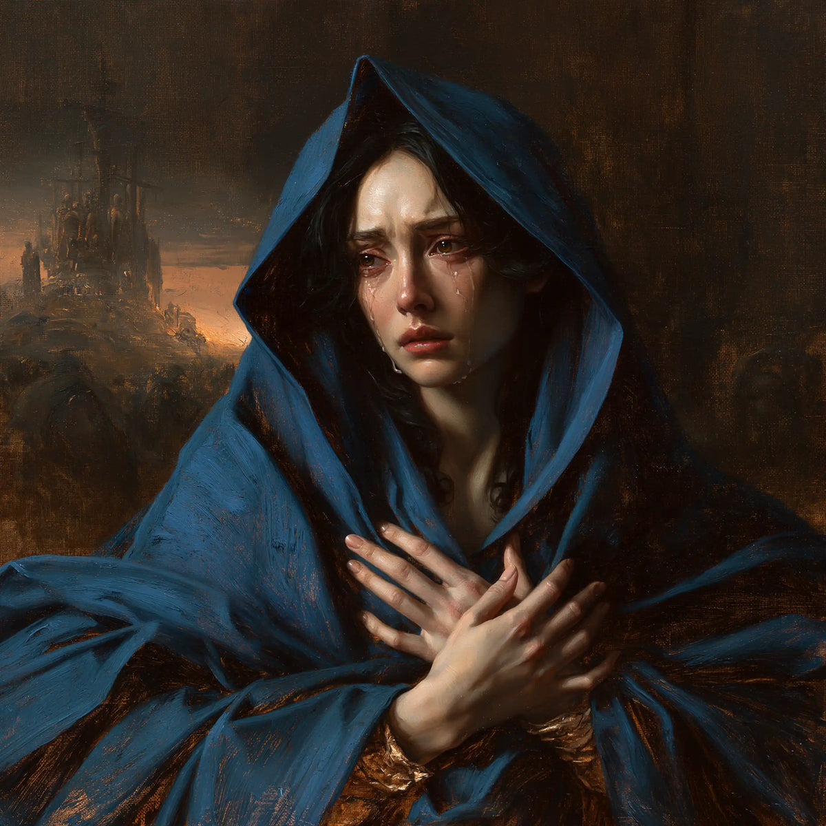 Mary experiencing profound maternal sorrow in Profound Maternal Sorrow style, square Christian artwork no. 11