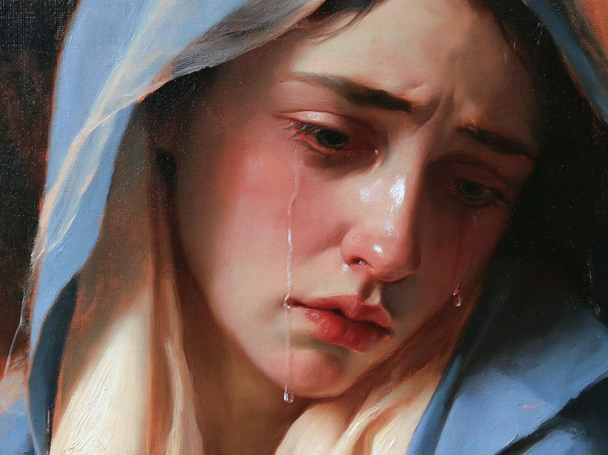 a close portrait of Our Lady of Sorrows in Psychological Close-Up style, landscape Christian artwork no. 2