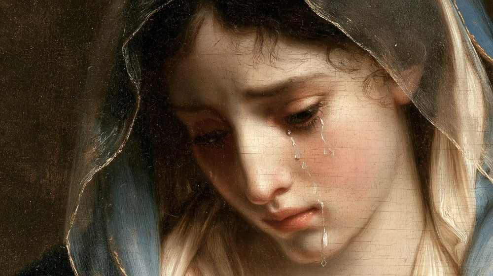 a close portrait of Our Lady of Sorrows in Psychological Close-Up style, landscape Christian artwork no. 8
