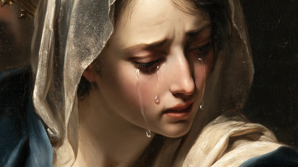 a close portrait of Our Lady of Sorrows in Psychological Close-Up style, landscape Christian artwork no. 10