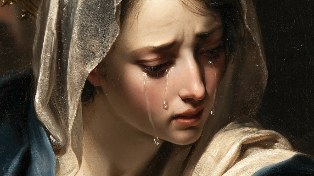 a close portrait of Our Lady of Sorrows in Psychological Close-Up style, landscape Christian artwork no. 10