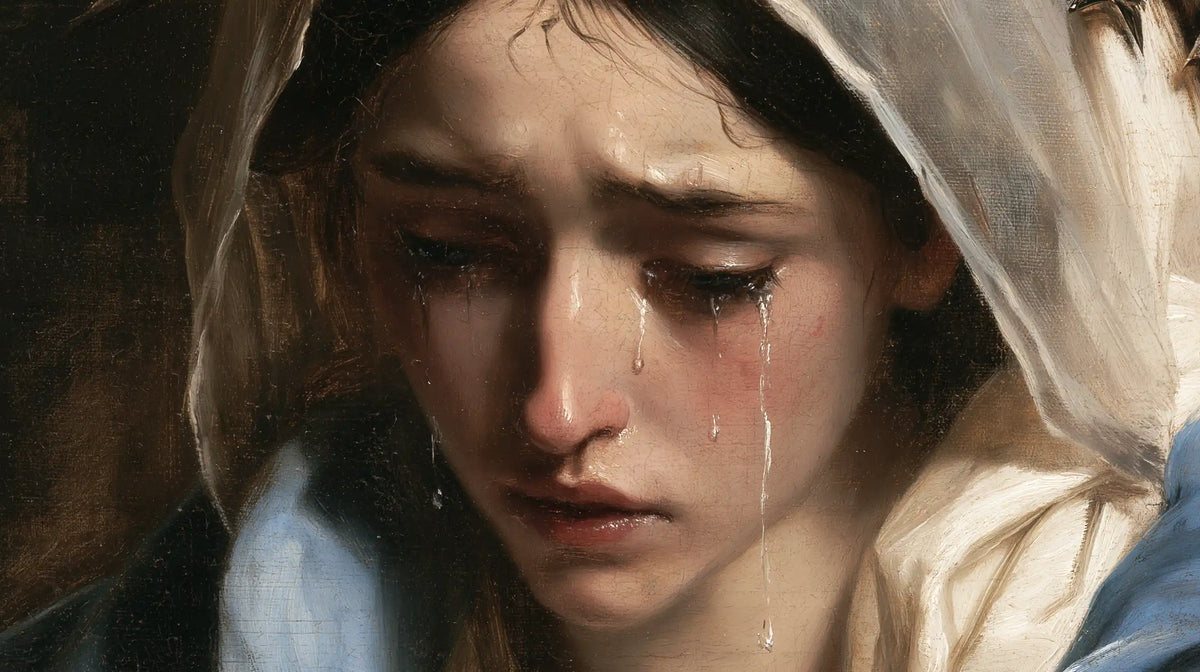 a close portrait of Our Lady of Sorrows in Psychological Close-Up style, landscape Christian artwork no. 12