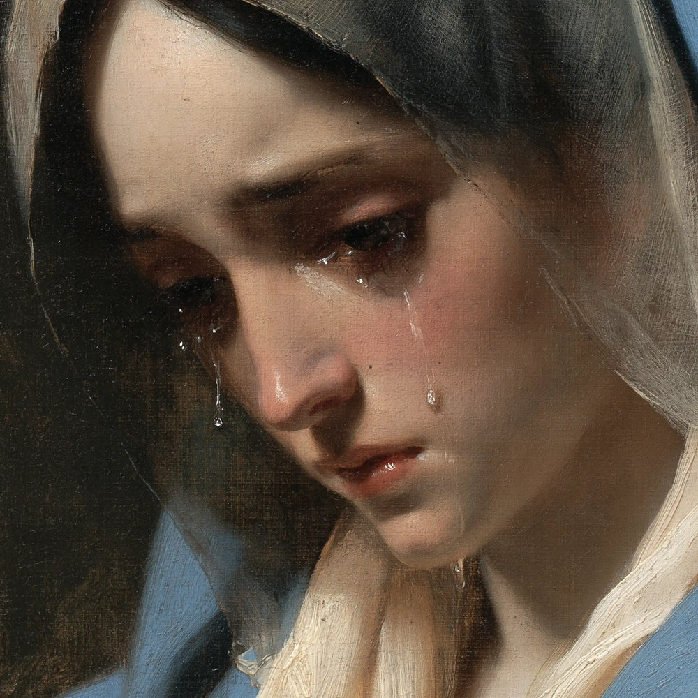 a close portrait of Our Lady of Sorrows in Psychological Close-Up style, square Christian artwork no. 10