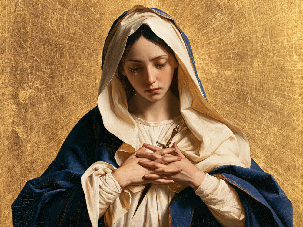 Our Lady of Sorrows in sacred golden light in Sacred Gold style, landscape Christian artwork no. 3