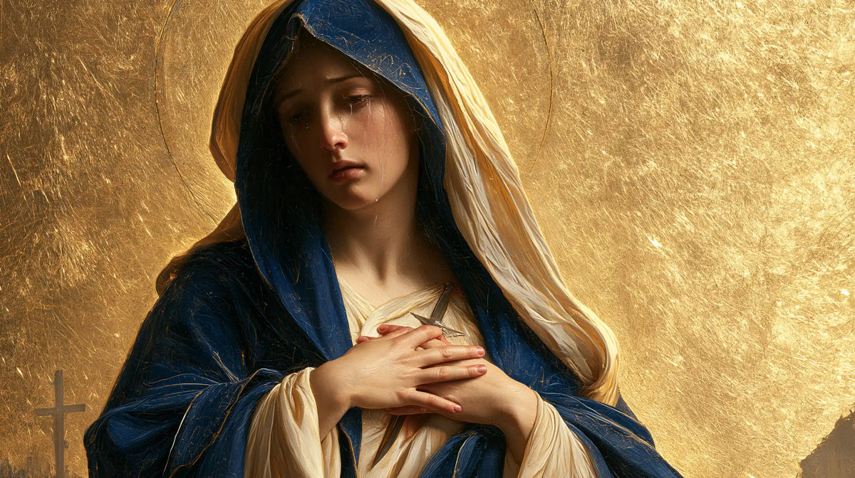 Our Lady of Sorrows in sacred golden light in Sacred Gold style, landscape Christian artwork no. 10