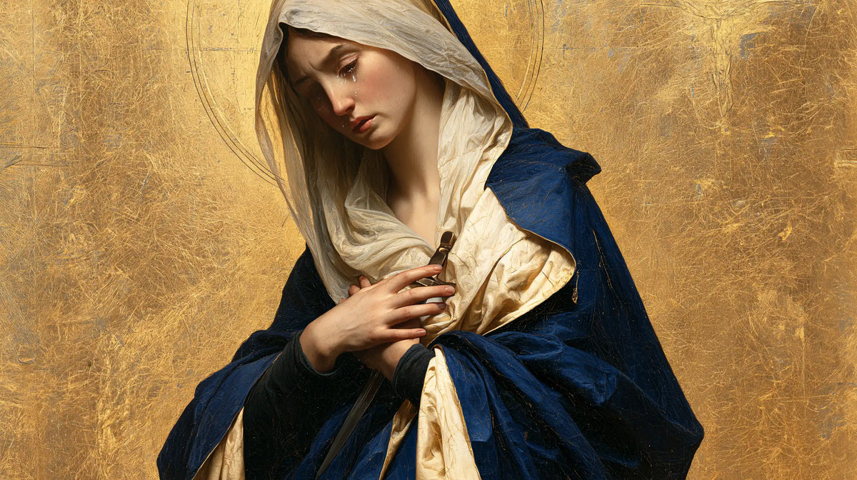 Our Lady of Sorrows in sacred golden light in Sacred Gold style, landscape Christian artwork no. 14