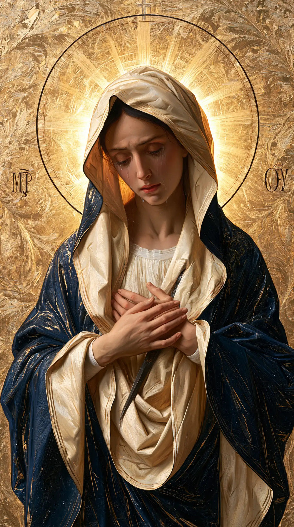 Our Lady of Sorrows in sacred golden light in Sacred Gold style, portrait Christian artwork no. 2