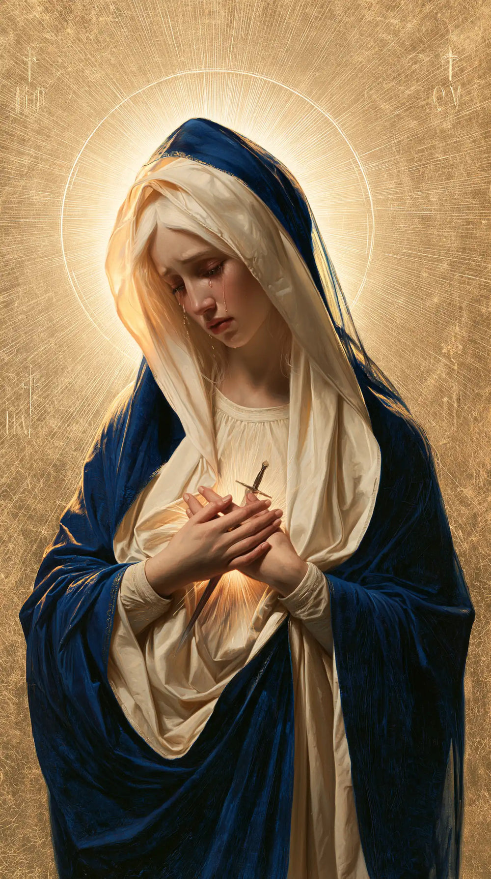 Our Lady of Sorrows in sacred golden light in Sacred Gold style, portrait Christian artwork no. 3
