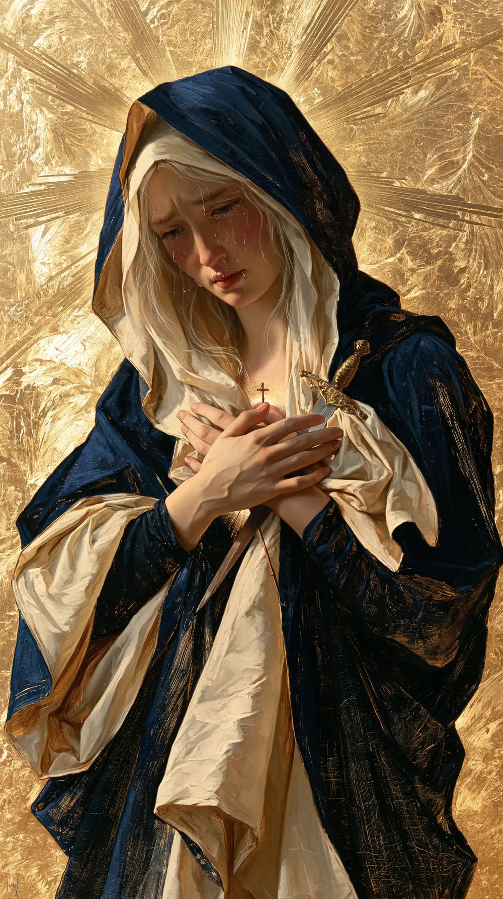 Our Lady of Sorrows in sacred golden light in Sacred Gold style, portrait Christian artwork no. 4