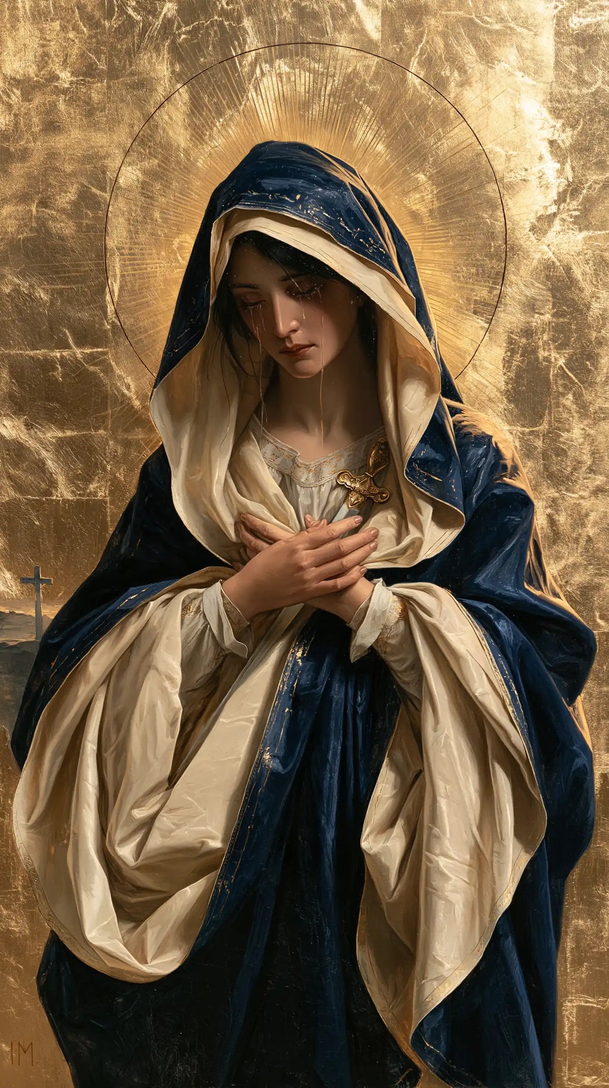 Our Lady of Sorrows in sacred golden light in Sacred Gold style, portrait Christian artwork no. 7