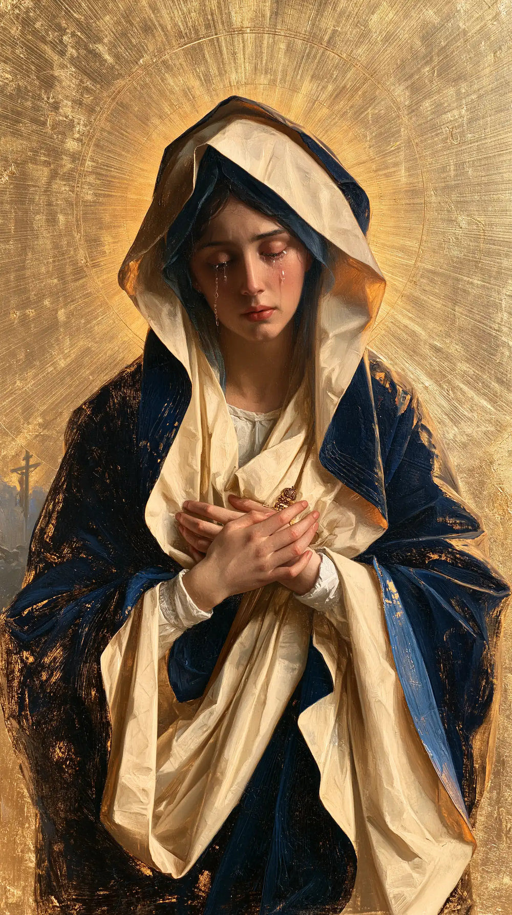 Our Lady of Sorrows in sacred golden light in Sacred Gold style, portrait Christian artwork no. 8