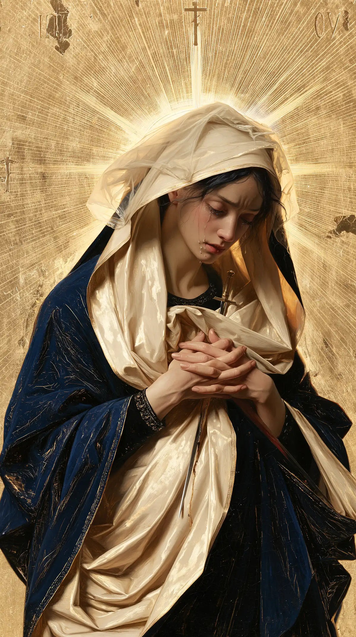 Our Lady of Sorrows in sacred golden light in Sacred Gold style, portrait Christian artwork no. 12