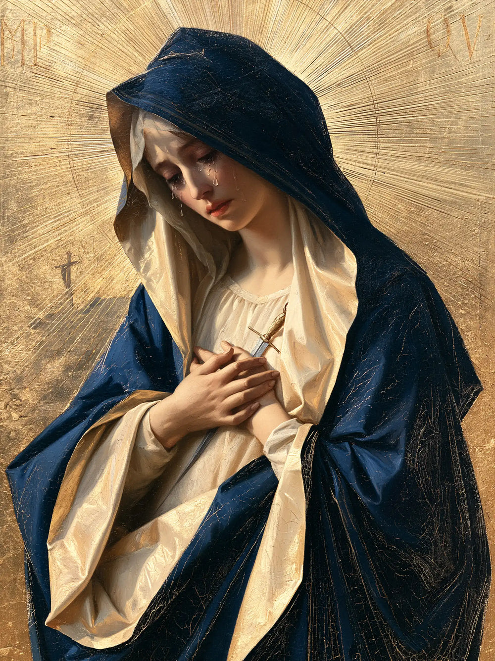 Our Lady of Sorrows in sacred golden light in Sacred Gold style, portrait Christian artwork no. 16
