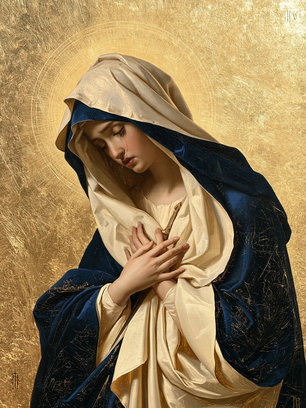 Our Lady of Sorrows in sacred golden light in Sacred Gold style, portrait Christian artwork no. 18