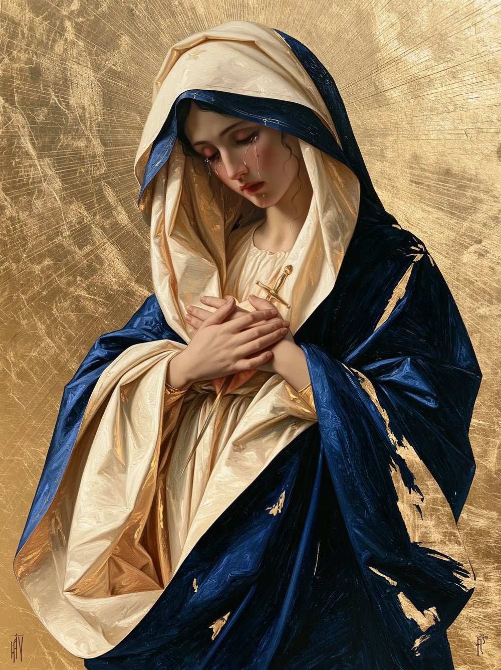 Our Lady of Sorrows in sacred golden light in Sacred Gold style, portrait Christian artwork no. 21