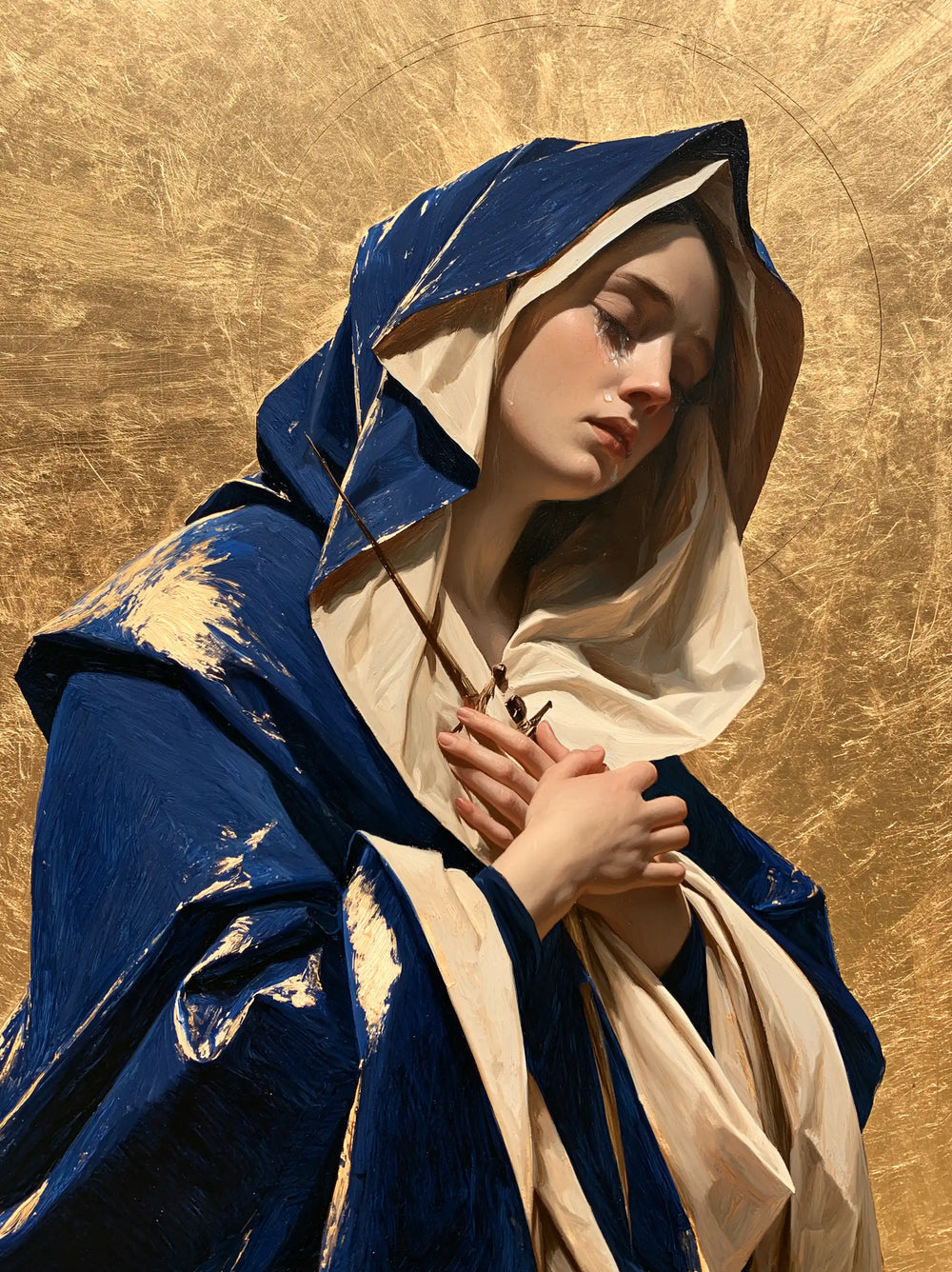 Our Lady of Sorrows in sacred golden light in Sacred Gold style, portrait Christian artwork no. 24
