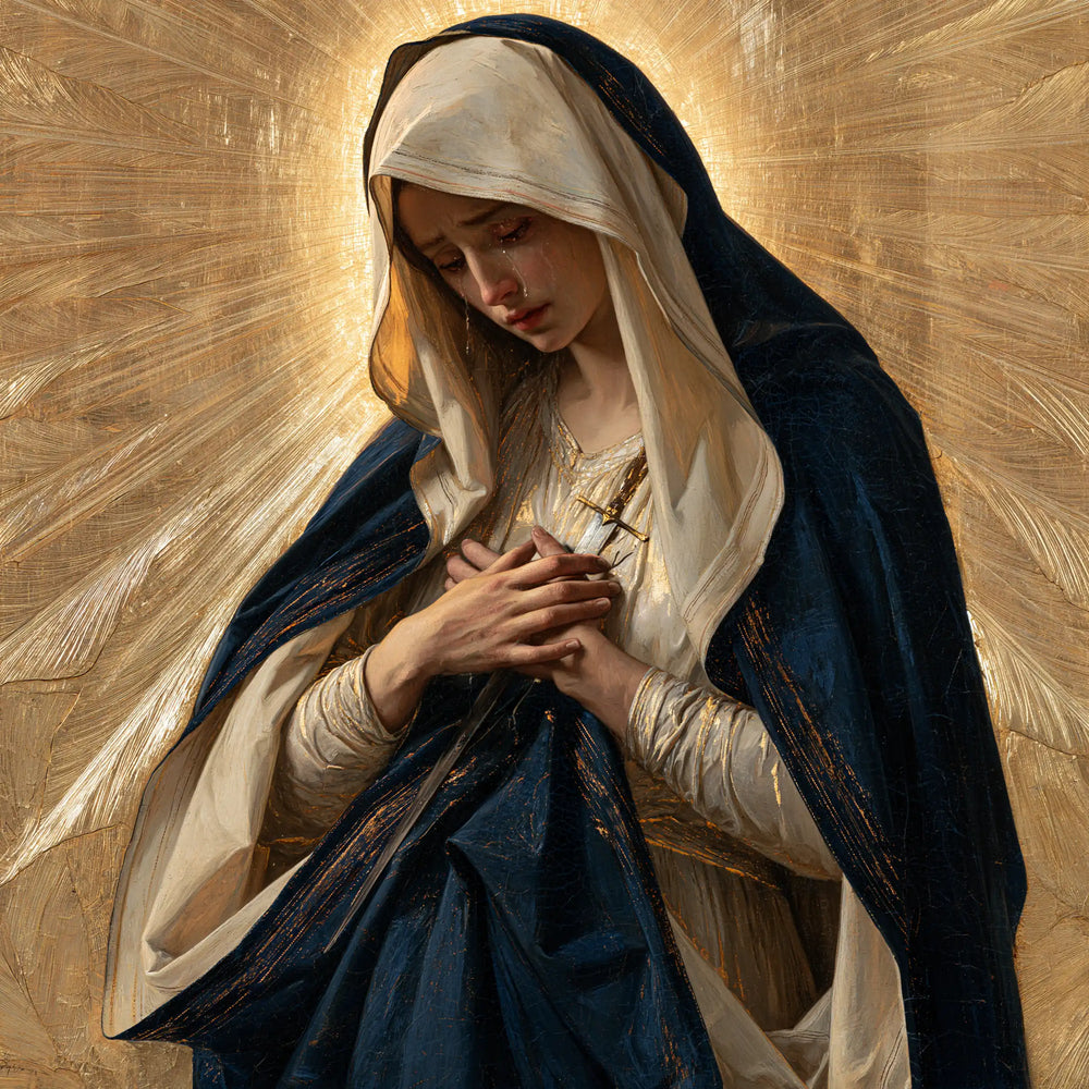 Our Lady of Sorrows in sacred golden light in Sacred Gold style, square Christian artwork no. 3