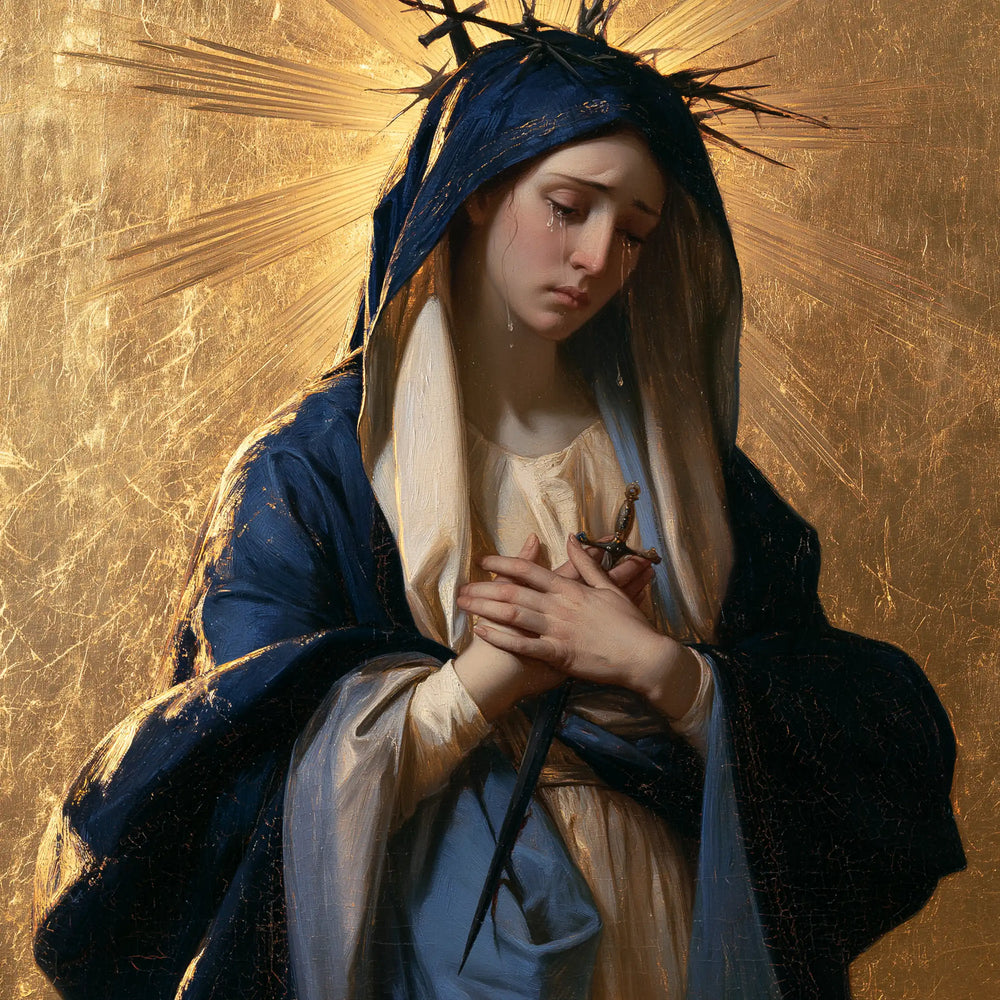 Our Lady of Sorrows in sacred golden light in Sacred Gold style, square Christian artwork no. 5