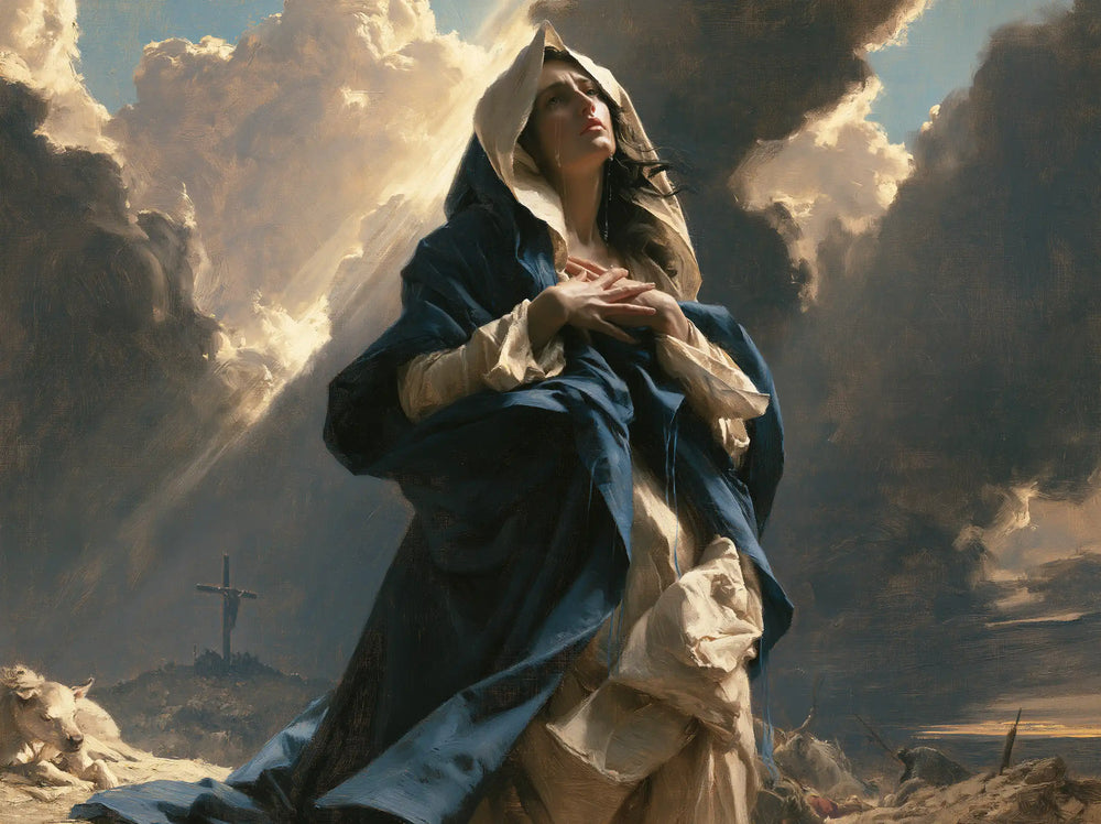 Our Lady of Sorrows in a monumental sacred view in Sacred Monumental View style, landscape Christian artwork no. 2