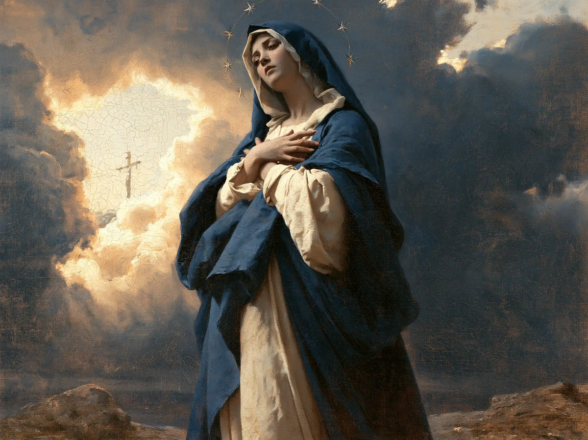 Our Lady of Sorrows in a monumental sacred view in Sacred Monumental View style, landscape Christian artwork no. 6