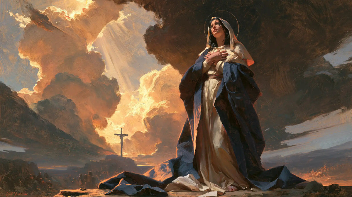Our Lady of Sorrows in a monumental sacred view in Sacred Monumental View style, landscape Christian artwork no. 15