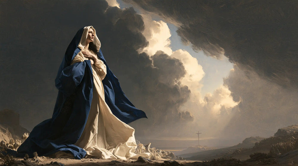 Our Lady of Sorrows in a monumental sacred view in Sacred Monumental View style, landscape Christian artwork no. 17