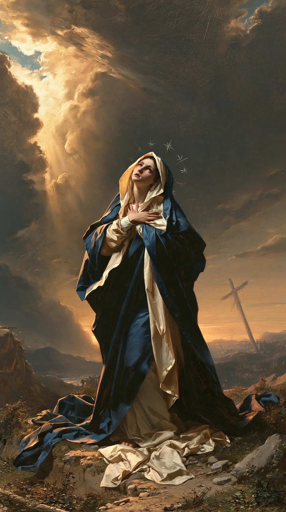 Our Lady of Sorrows in a monumental sacred view in Sacred Monumental View style, portrait Christian artwork no. 1