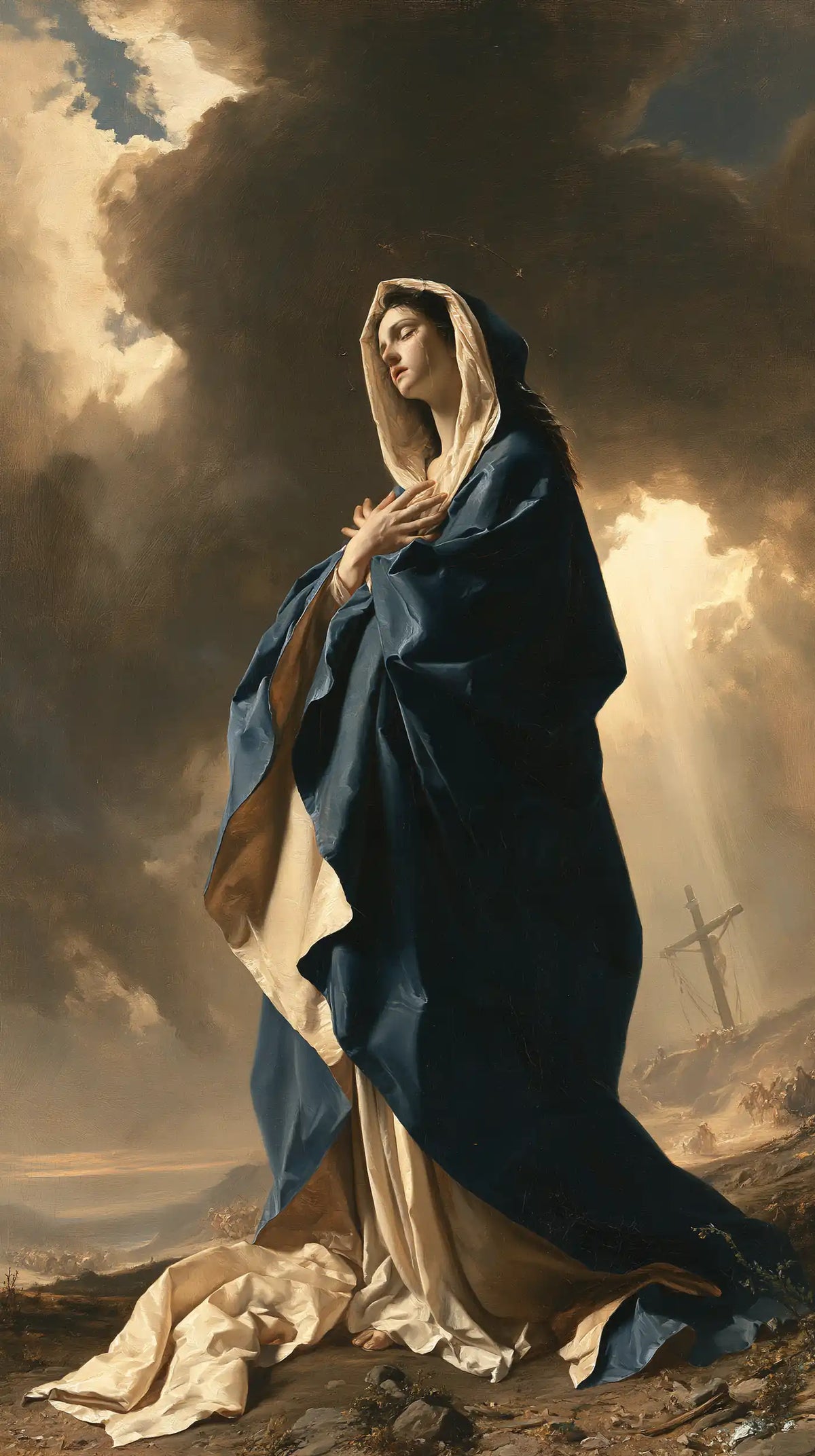 Our Lady of Sorrows in a monumental sacred view in Sacred Monumental View style, portrait Christian artwork no. 12