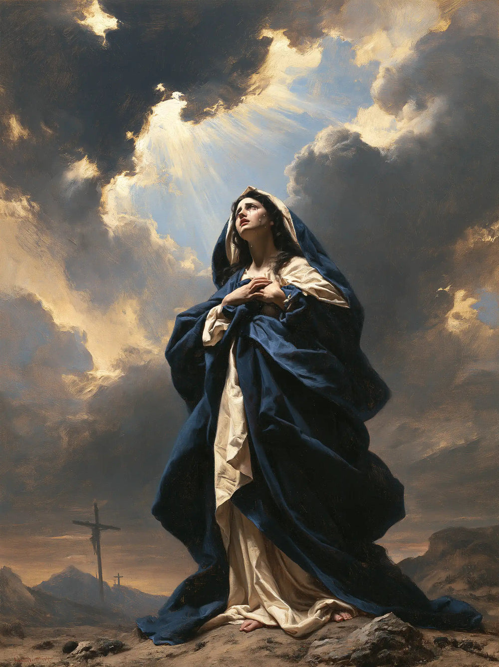 Our Lady of Sorrows in a monumental sacred view in Sacred Monumental View style, portrait Christian artwork no. 14