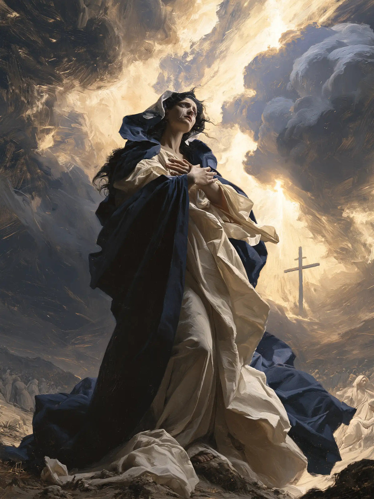 Our Lady of Sorrows in a monumental sacred view in Sacred Monumental View style, portrait Christian artwork no. 16