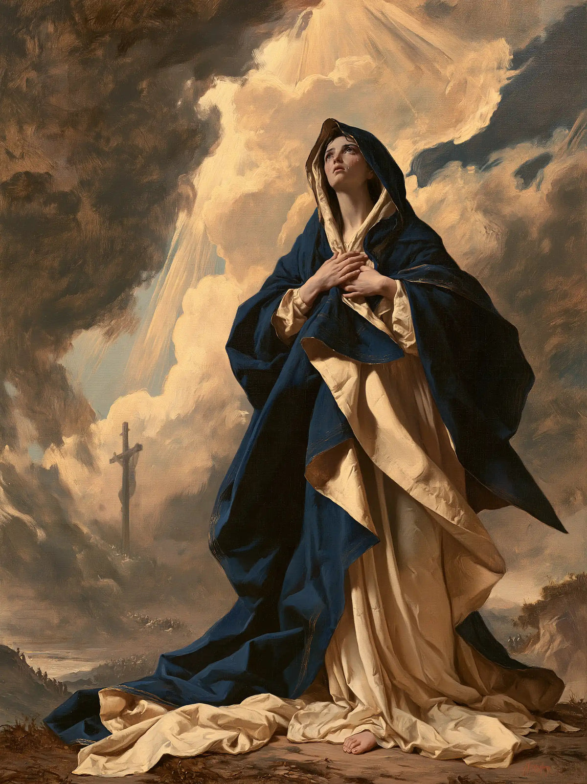 Our Lady of Sorrows in a monumental sacred view in Sacred Monumental View style, portrait Christian artwork no. 17