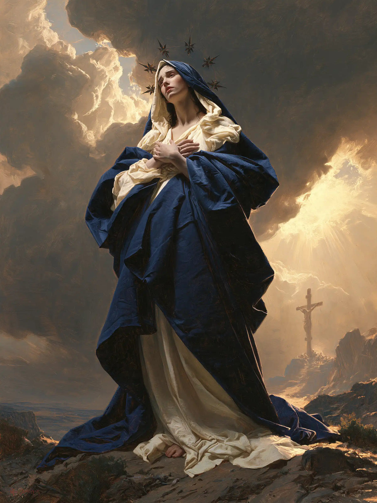 Our Lady of Sorrows in a monumental sacred view in Sacred Monumental View style, portrait Christian artwork no. 19