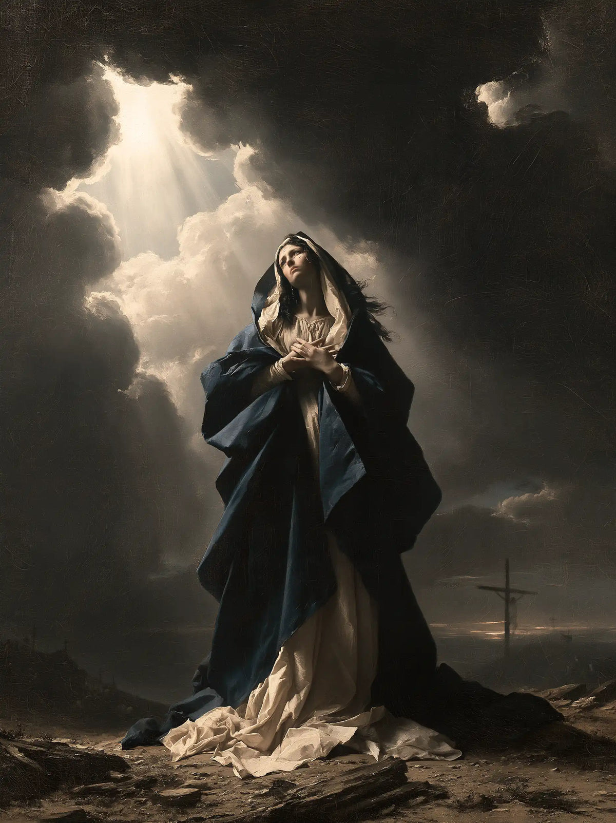 Our Lady of Sorrows in a monumental sacred view in Sacred Monumental View style, portrait Christian artwork no. 20
