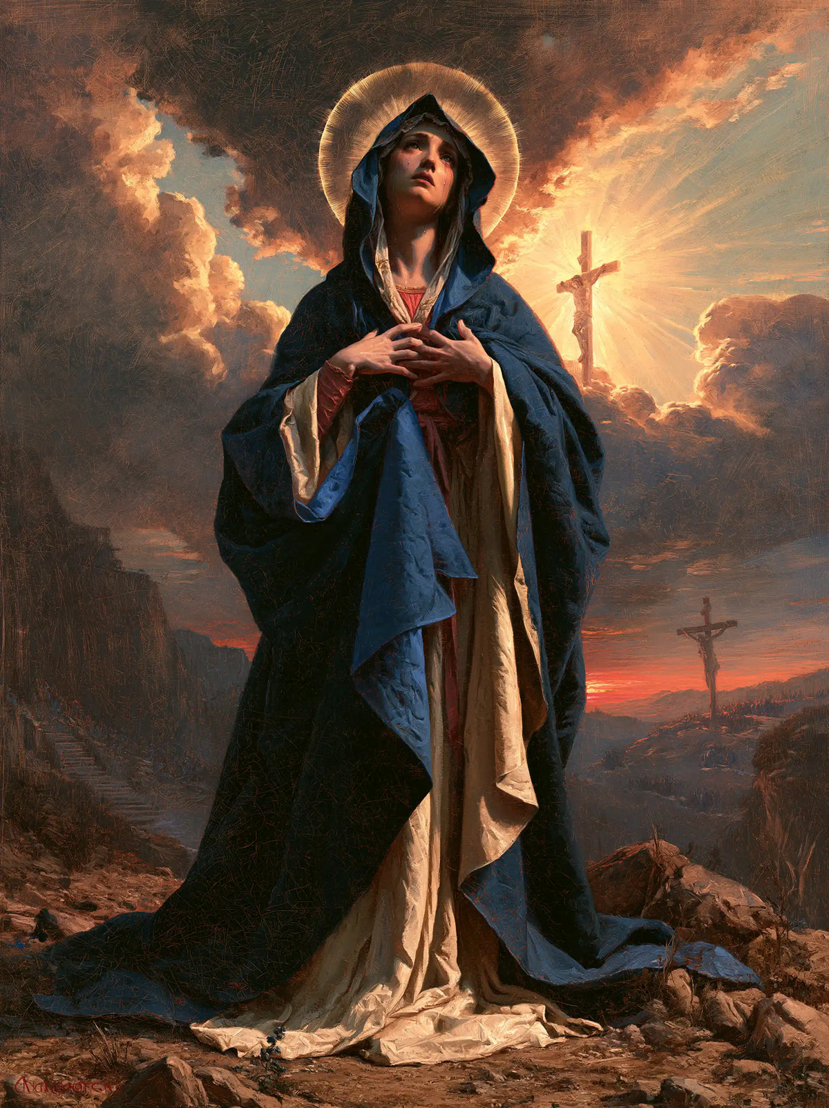 Our Lady of Sorrows in a monumental sacred view in Sacred Monumental View style, portrait Christian artwork no. 22