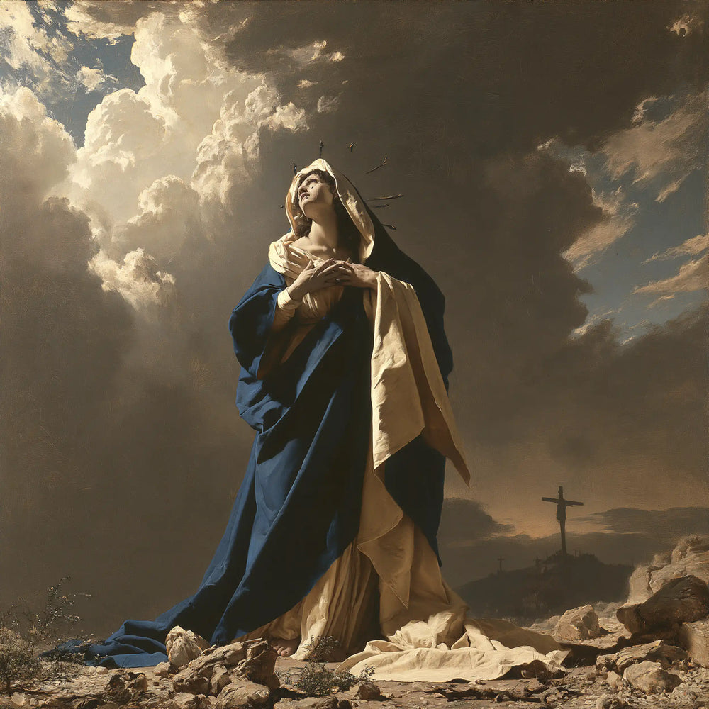 Our Lady of Sorrows in a monumental sacred view in Sacred Monumental View style, square Christian artwork no. 3