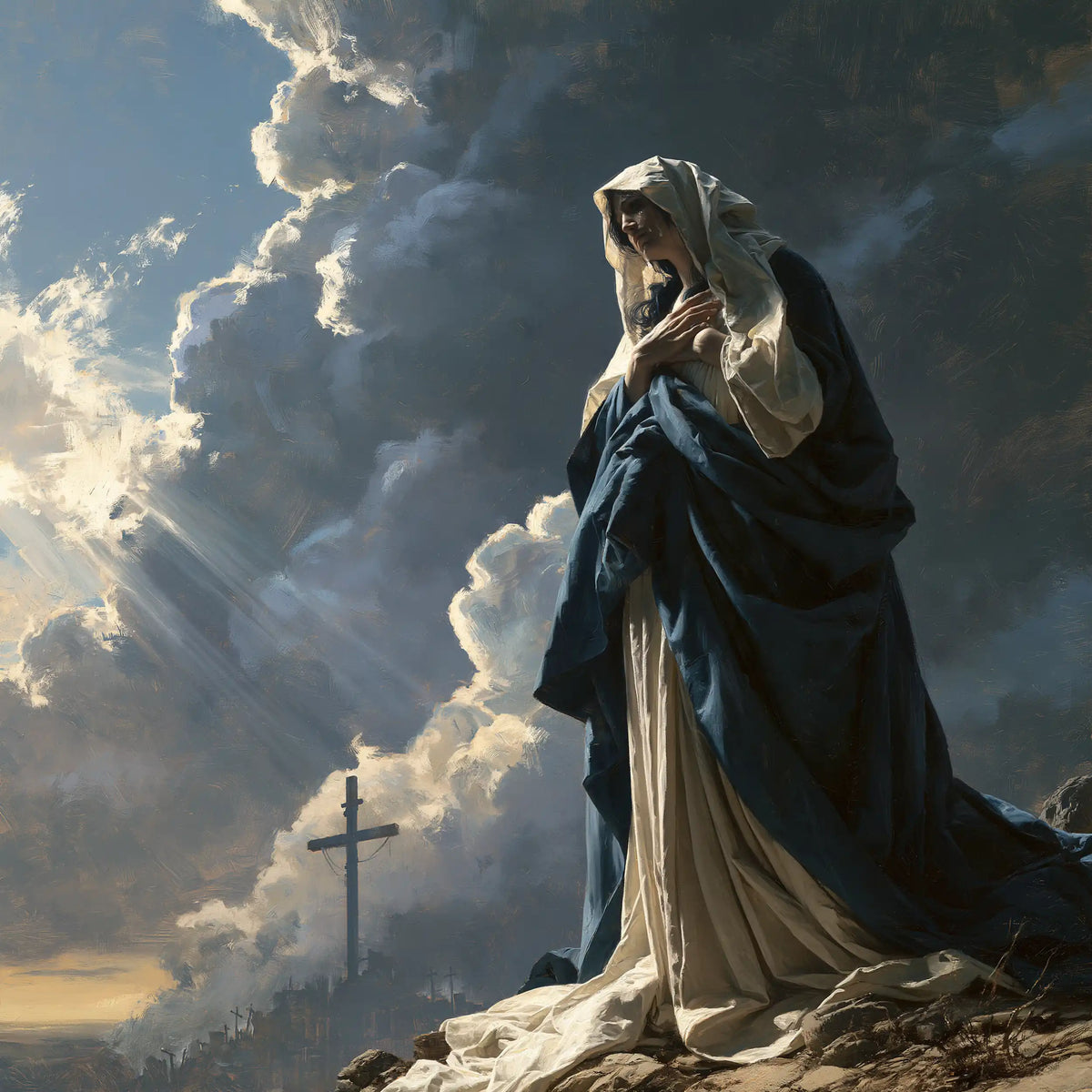 Our Lady of Sorrows in a monumental sacred view in Sacred Monumental View style, square Christian artwork no. 4