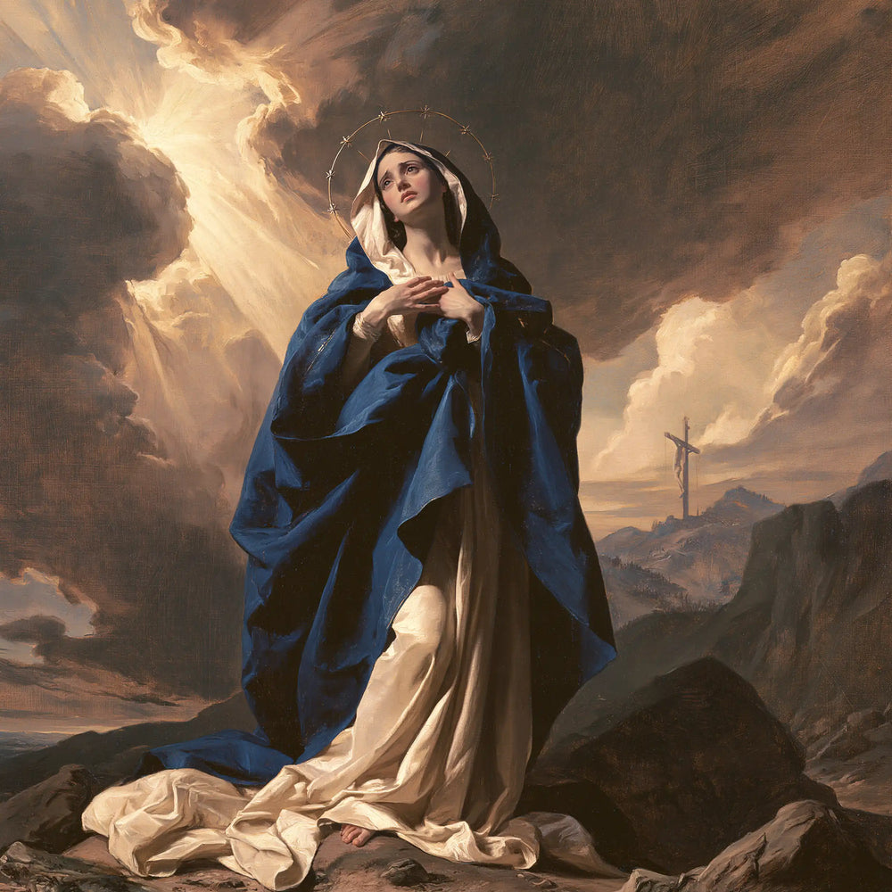 Our Lady of Sorrows in a monumental sacred view in Sacred Monumental View style, square Christian artwork no. 6