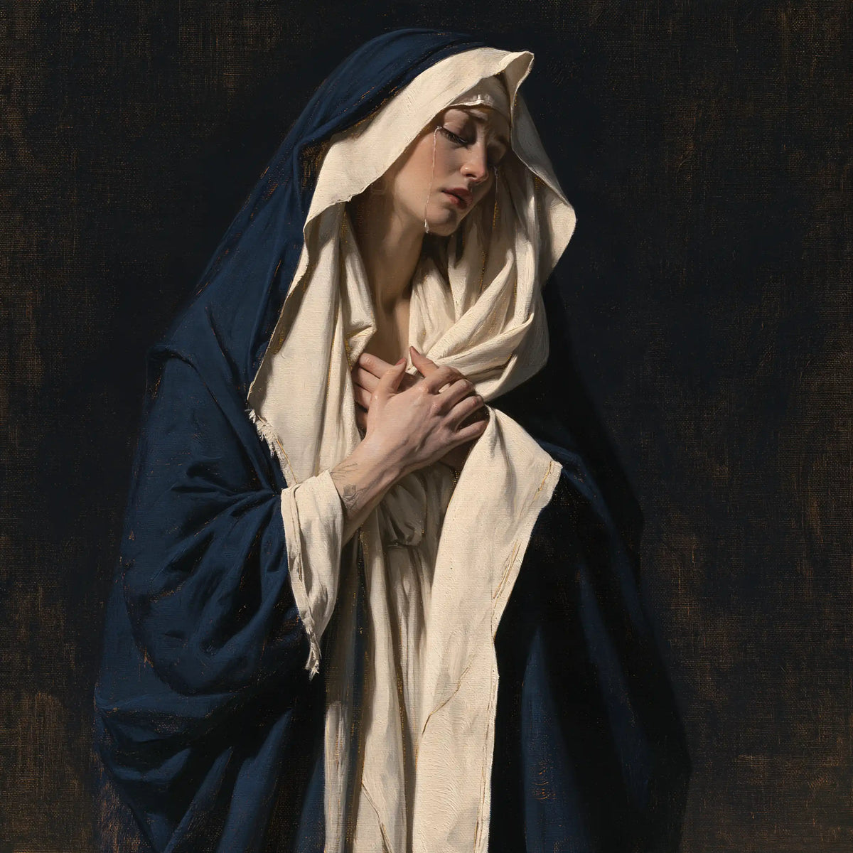 Our Lady of Sorrows in silent contemplation in The Silence of Mary style, square Christian artwork no. 5