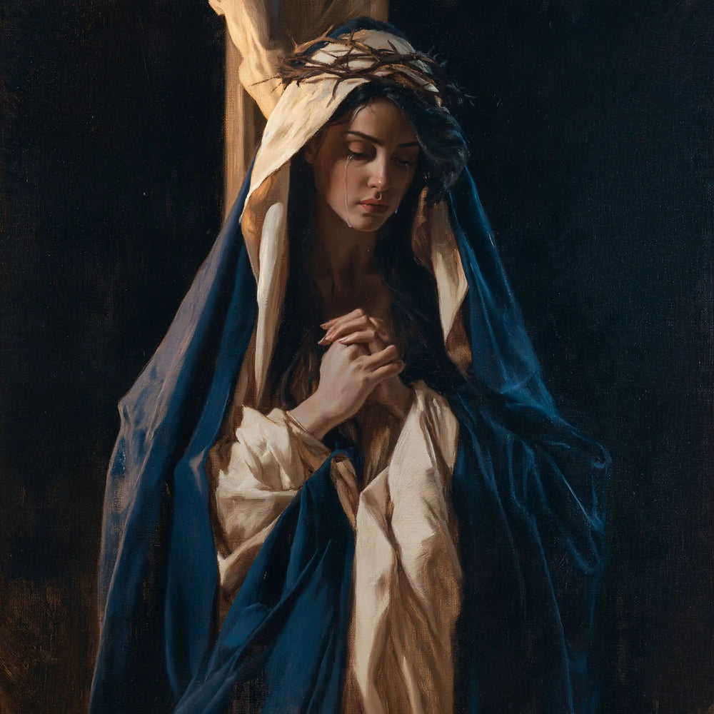 Our Lady of Sorrows in silent contemplation in The Silence of Mary style, square Christian artwork no. 6