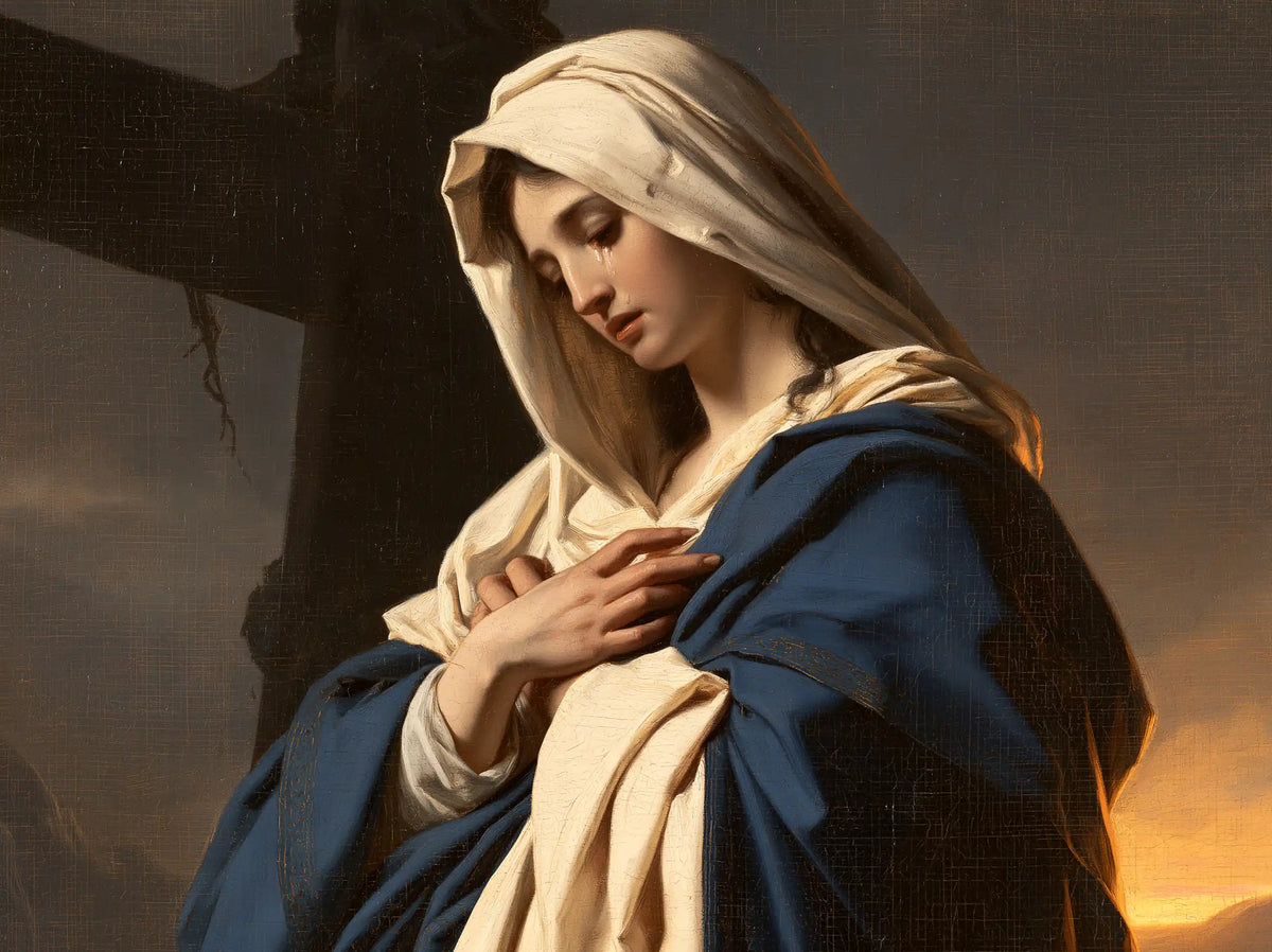 Our Lady of Sorrows between grief and hope in Sorrow and Hope style, landscape Christian artwork no. 1