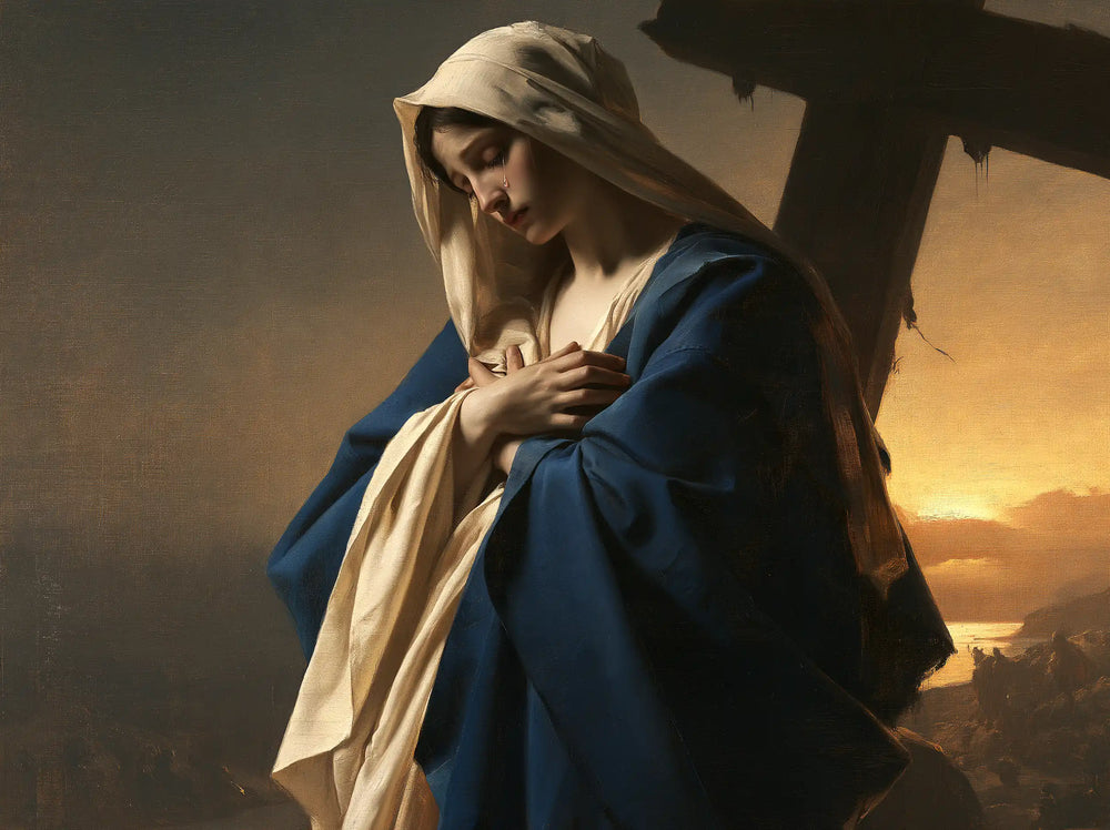 Our Lady of Sorrows between grief and hope in Sorrow and Hope style, landscape Christian artwork no. 3