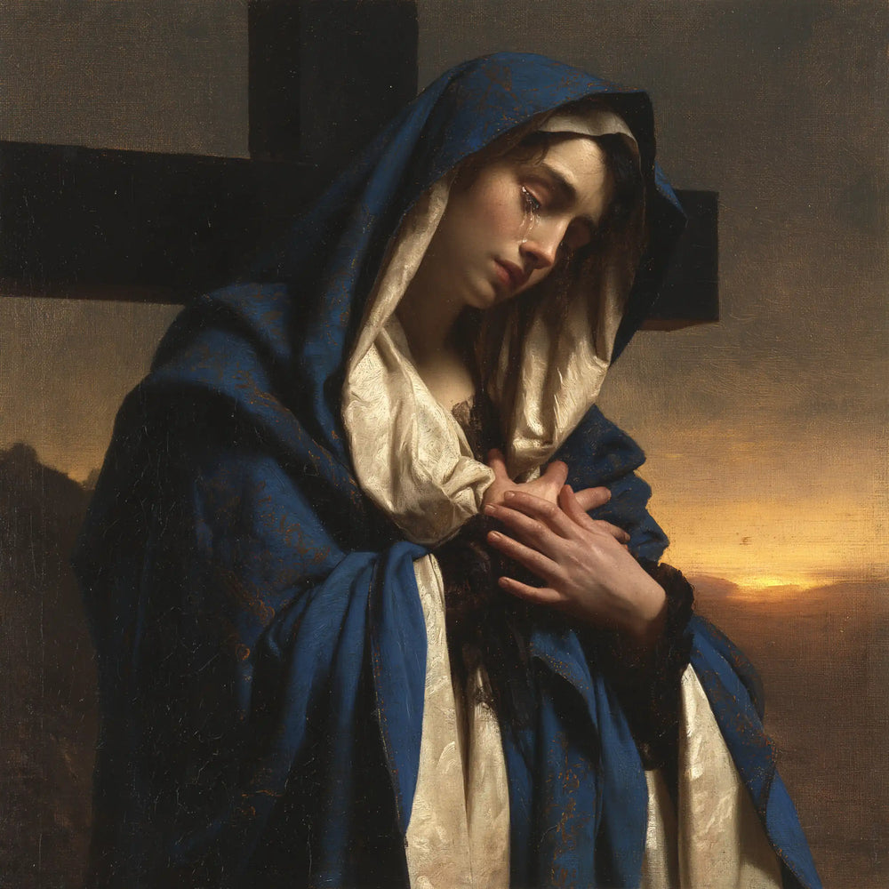 Our Lady of Sorrows between grief and hope in Sorrow and Hope style, square Christian artwork no. 2