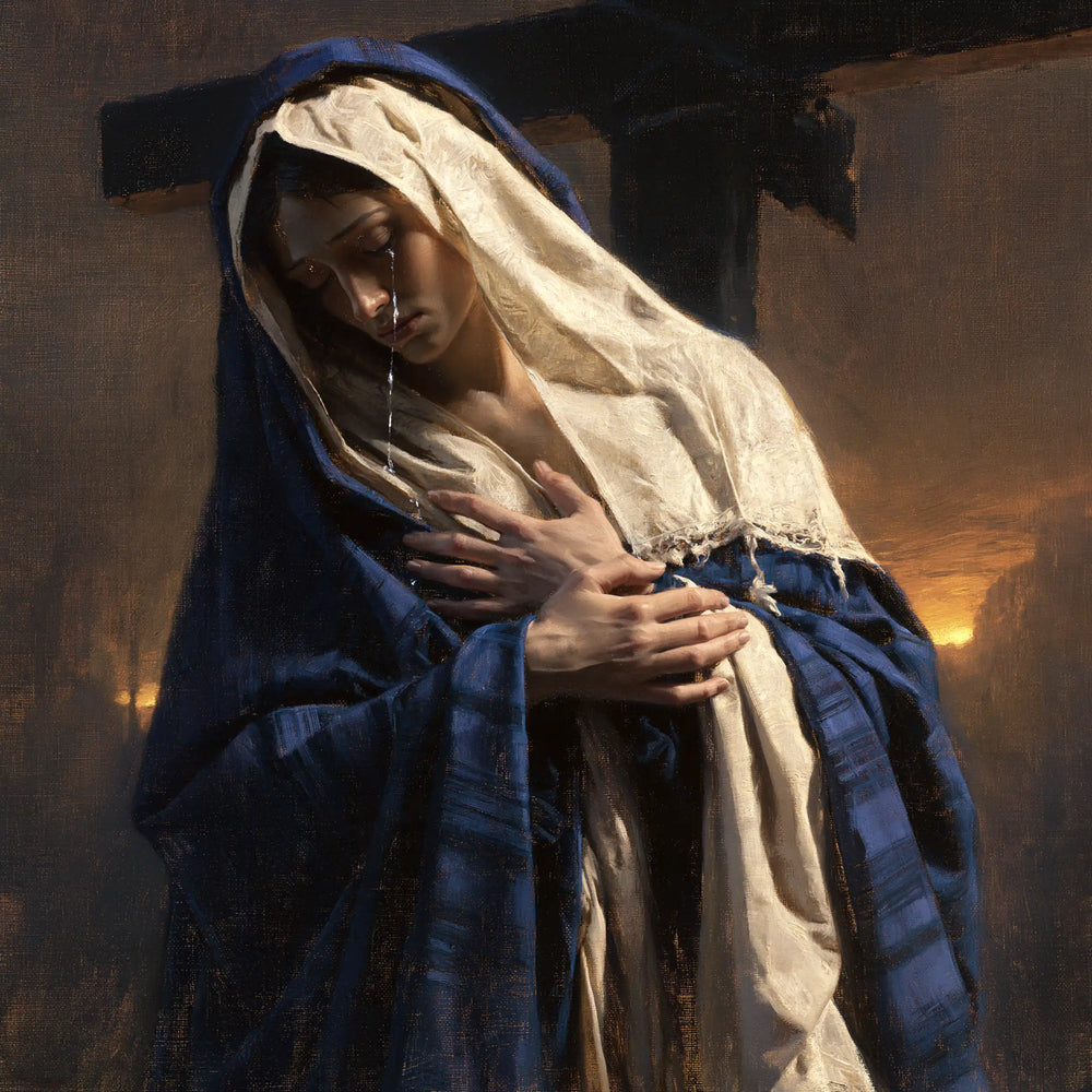 Our Lady of Sorrows between grief and hope in Sorrow and Hope style, square Christian artwork no. 3