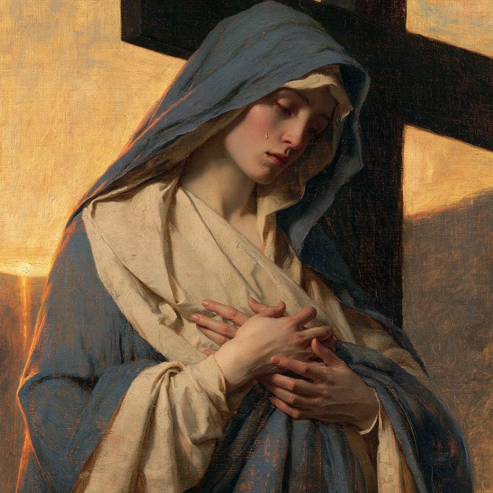 Our Lady of Sorrows between grief and hope in Sorrow and Hope style, square Christian artwork no. 8