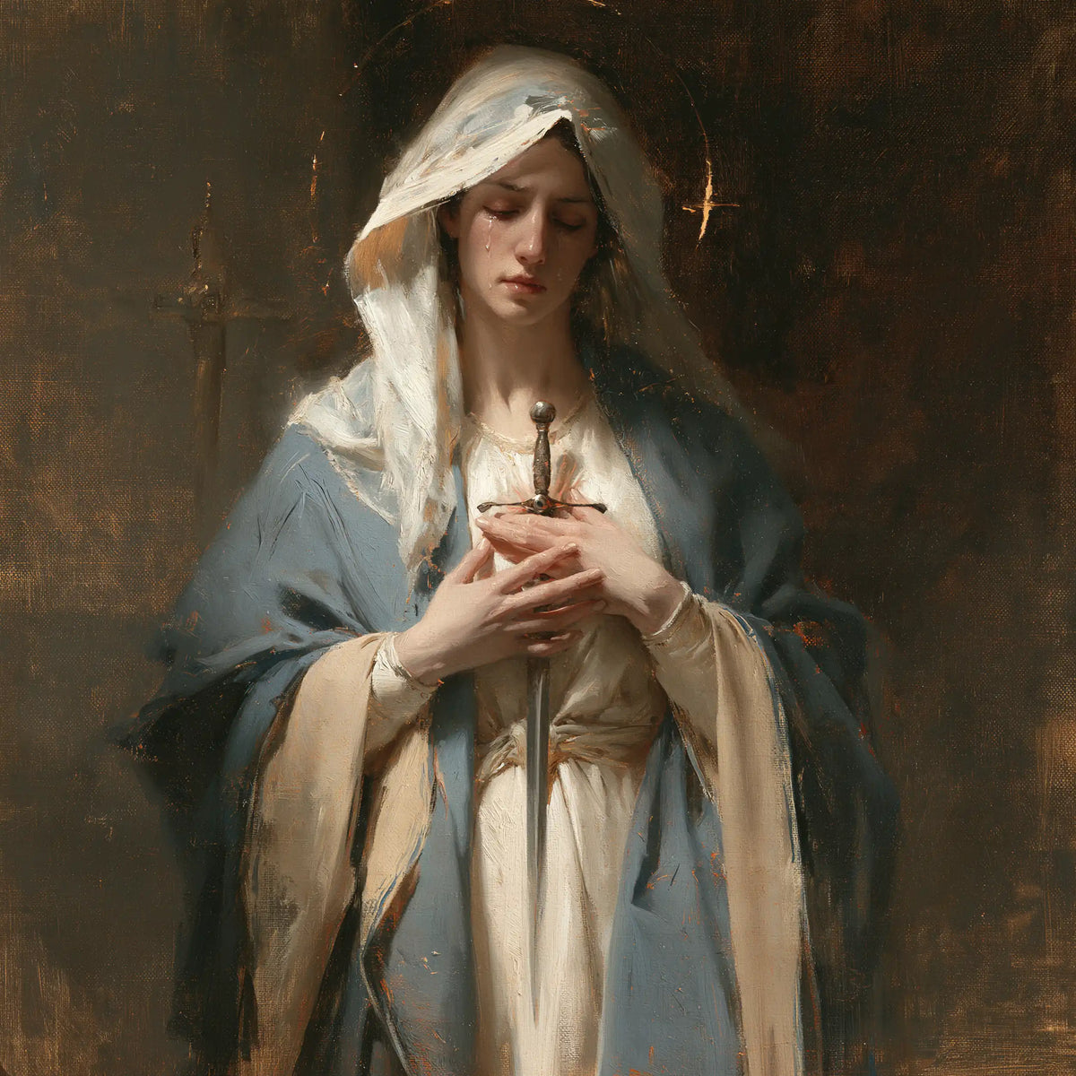 Our Lady of Sorrows with the Sword of Simeon in The Sword of Simeon style, square Christian artwork no. 4