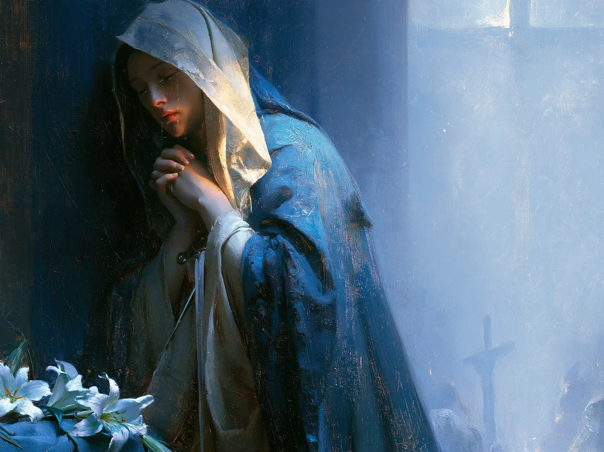 Our Lady of Sorrows in a symbolist composition in Symbolist style, landscape Christian artwork no. 1