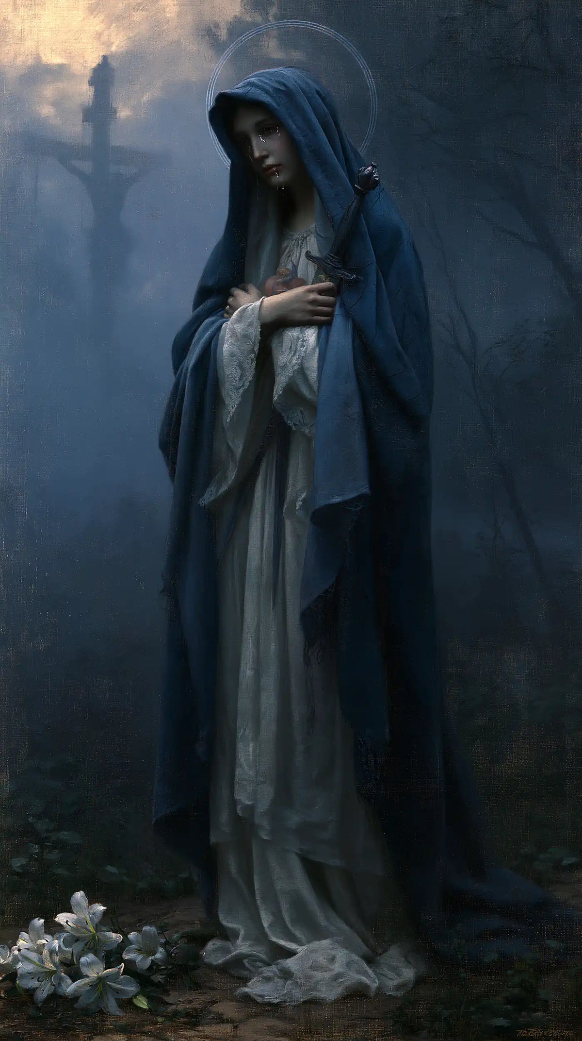 Our Lady of Sorrows in a symbolist composition in Symbolist style, portrait Christian artwork no. 2