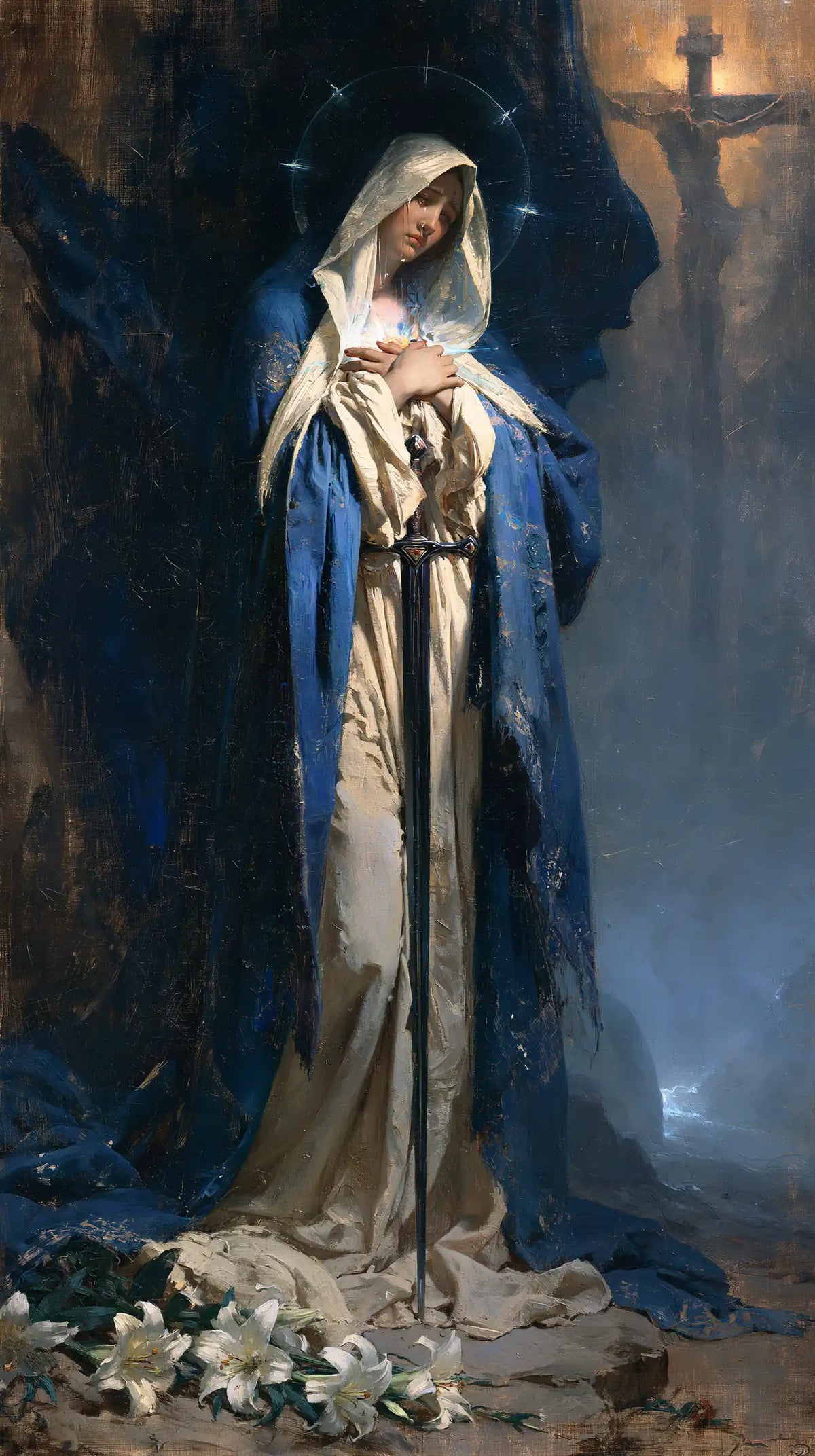 Our Lady of Sorrows in a symbolist composition in Symbolist style, portrait Christian artwork no. 10