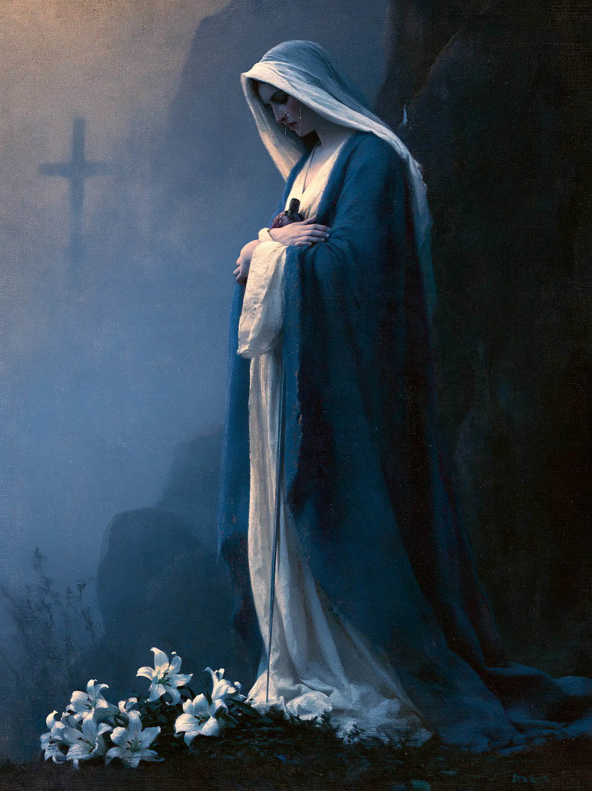 Our Lady of Sorrows in a symbolist composition in Symbolist style, portrait Christian artwork no. 17